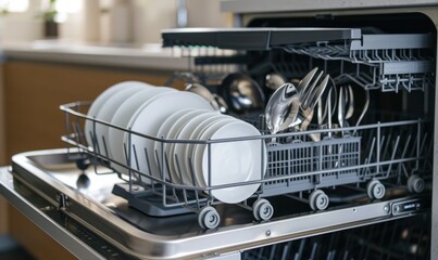 Opened dishwasher with cleaned plates in kitchen. banner.