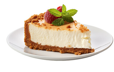 A luscious piece of cheesecake rests elegantly on a pristine white plate