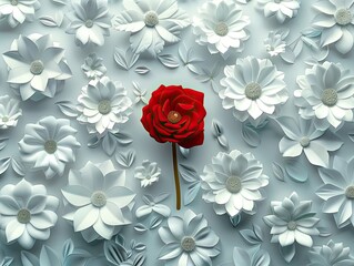 Illustration featuring white flowers with one red rose standing out in the middle - Uniqueness and beauty - Clean and simple background - Creative and symbolic style of photography & artistic drawing