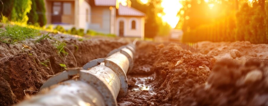 Sewage pipes instaling on the construction of a house