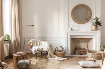 Living room design in winter with light herringbone wood floor, fireplace and armchairs