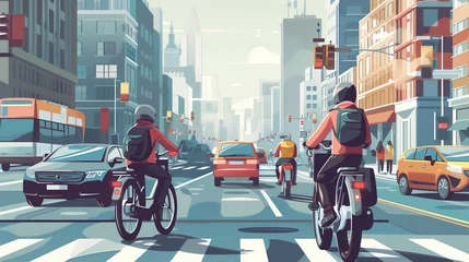 Foto op Canvas Busy urban street filled with different modes of transportation and delivery drivers © Powers Video