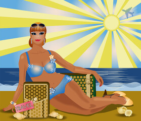 Pinup girl with bag, vip travel card, vector illustration