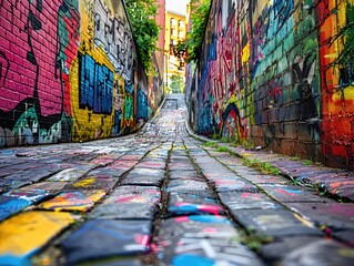 Focus on a unique piece of street art in a graffiti-covered alley - Creative and rebellious - Urban setting with colorful graffiti - Dynamic shot with vibrant colors