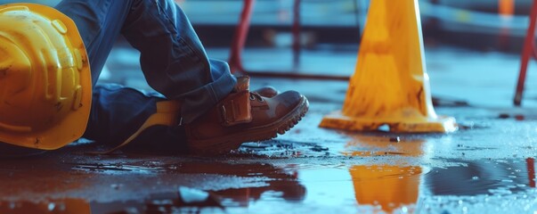 Worker fall on a wet floor at a construction site. Accident work concept