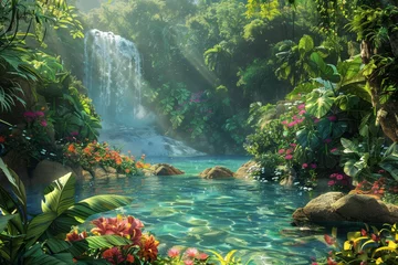 Fotobehang A lush green jungle with a waterfall and a river © mila103