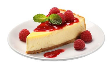 Rich cheesecake slice topped with fresh raspberries on a delicate plate