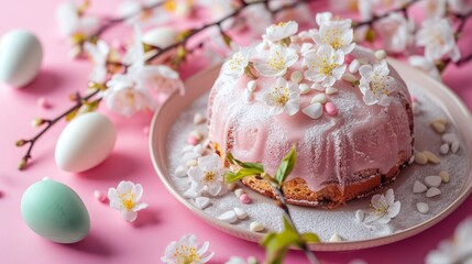Fototapeta na wymiar Easter cake garnished with sugar on a Beautiful Pink background