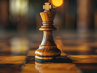 Focus on a single chess piece on a chessboard with a blurred background - Strategic and intellectual - Overhead lighting casting soft shadows - Minimalist shot with selective focus 
