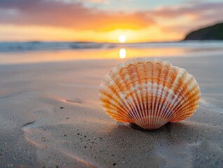 Emphasize a single seashell on a sandy beach at sunrise - Tranquil and serene - Dawn with soft, golden light - Close-up shot with natural textures