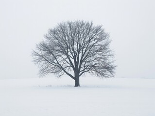 Fototapeta na wymiar Emphasize a lone tree in a snowy landscape - Winter wonderland and peaceful - Snowy day with soft, diffused light - Wide-angle shot with minimalist composition 
