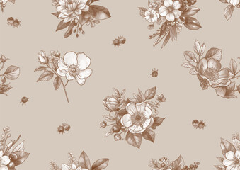 Boutonniere of wild rose flowers and berries Seamless pattern, background. Outline hand drawing vector illustration. In botanical style