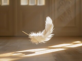 Emphasize a single feather floating in the air - Ethereal and delicate - Indoor setting with soft, natural light - Mid-action shot capturing movement 