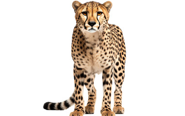 A cheetah stands confidently before a stark white backdrop, its intense gaze fixated somewhere beyond sight