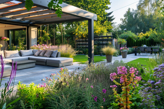 A beautiful garden with a patio area with a large umbrella and a couch