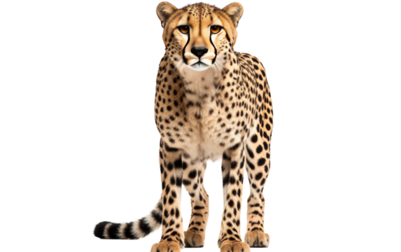 A cheetah stands confidently before a stark white backdrop, its intense gaze fixated somewhere beyond sight