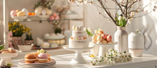 Easter-themed decorations including cakes, eggs, and willow branches displayed on a white table, creating a festive scene with space for design. - Powered by Adobe