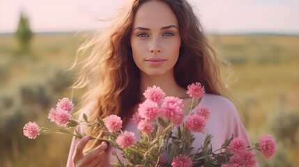 Naklejka premium Pink woman holding beautiful wild flowers