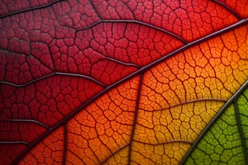 A vibrant, colorful autumn leaf pattern in macro, closeup detail with rich texture and depth of color