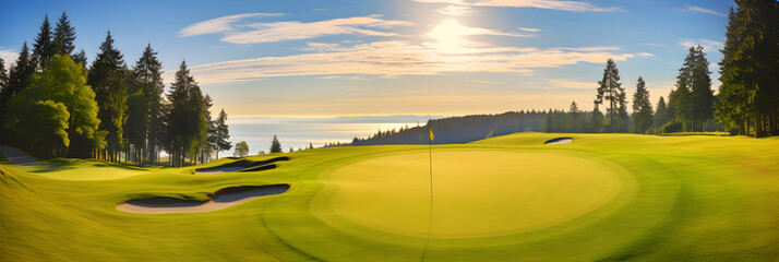 Spectacular Panorama of a Pristine Golf Course under the Azure Sky: A Perfect Day for a Game - obrazy, fototapety, plakaty