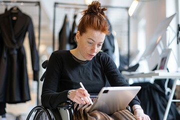 Portrait of a young caucasian businesswoman in wheelchair using digital tablet.
