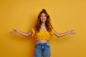Photo of excited positive lady dressed cowskin top comparing arms empty space isolated yellow color background