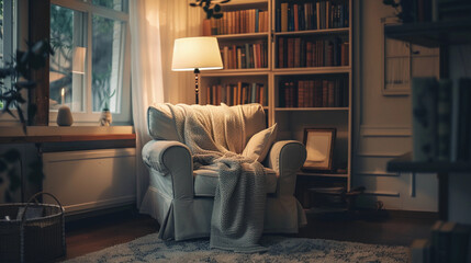 A beige armchair with blanket and cushions in home setting. Interior decor. Cozy reading nook armchair, bookshelf filled with books of all genres, reading time, elegant interior design