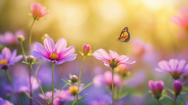 Macro Photograph of Beautiful Pink Wildflowers with an Orange Butterfly. Nature Wallpaper