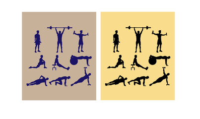 set male CrossFit silhouettes, people, silhouettes, icons, sports, fitness, gym, black, blue, group, man, illustration, vector,