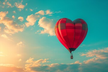 Obraz premium A heart shaped hot air balloon gracefully floats through the sky, showcasing its unique shape and vibrant colors, A heart-shaped hot air balloon soaring in the sky, AI Generated