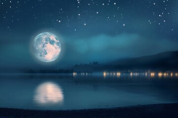 A stunning photo capturing the moment a full moon ascends above a serene body of water, creating a captivating and awe-inspiring scene, A heart-shaped moon illuminating a tranquil night, AI Generated