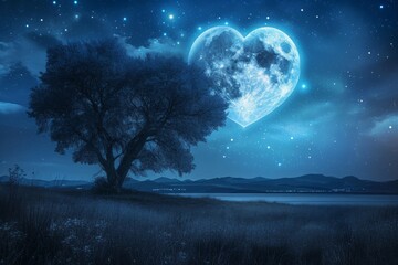 Fototapeta na wymiar A tree shaped like a heart stands prominently in the center of a vast field, A heart-shaped moon illuminating a tranquil night, AI Generated