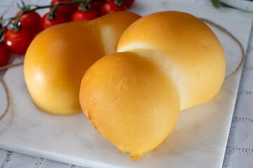 Cheese collection, Italian cheese scamorza, caciocavallo, provolone made from cow milk in South...