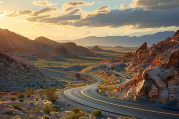 A long, winding road stretches through the barren desert landscape, disappearing into the distance, A highway snaking through a rocky desert scape at sunset, AI Generated - obrazy, fototapety, plakaty