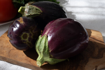 Raw young eggplants vegetable from organic vegetables farm on Fuerteventura island, Canary islands, Spain - obrazy, fototapety, plakaty