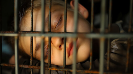A young child's face partially obscured by the shadows of metal bars, conveying a mood of constraint.
