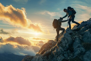 A man is providing support and aid to another man as they climb a challenging mountain, A hiker assisting their friend as they climb to the mountain peak, AI Generated