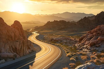 Fototapeta premium A long, dusty road cuts through the rugged desert landscape under a clear blue sky, A highway snaking through a rocky desert scape at sunset, AI Generated