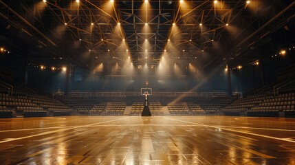 Look up at the NBA game, where big perspective meets indoor basketball court, bathed in dramatic spotlight.