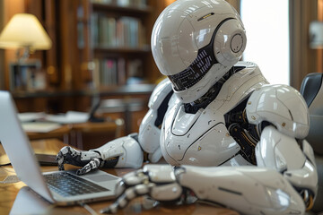 a white umanoid robot with white face working at programming a software, sitting at his desk in a normal office.generative ai