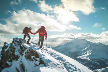 Fototapeta premium Couple Standing on Top of Snow Covered Mountain, A hiker displaying solidarity, assisting a friend up a snowy peak, AI Generated
