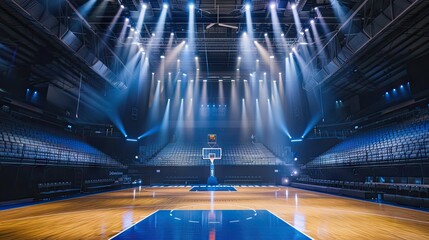 Look up at the NBA game, where big perspective meets indoor basketball court, bathed in dramatic spotlight.