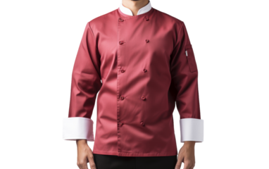A man adorned in a red chefs coat with a crisp white collar, showcasing his culinary expertise with passion and flair