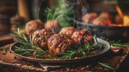 Herb-Infused Meatballs Steaming on Rustic Kitchen Table - obrazy, fototapety, plakaty