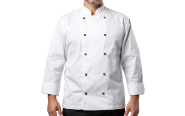 A man in a white chef coat stands confidently in a kitchen, preparing a delicious meal with precision and skill