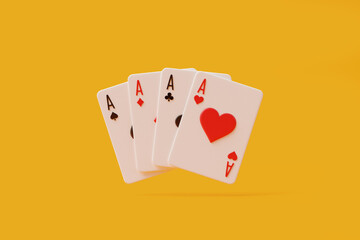Four Aces Playing Cards on Yellow Background - obrazy, fototapety, plakaty