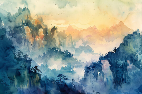 A painting of mountains with a blue sky and a sun in the background