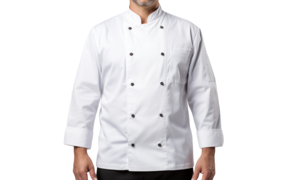 A man in a white chef coat stands confidently in a kitchen, preparing a delicious meal with precision and skill