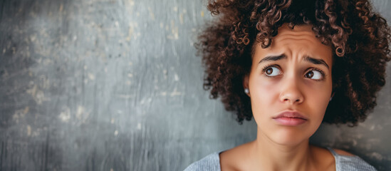 Fototapeta premium A close-up of a young woman with curly hair looking upwards with a worried and thoughtful expression.