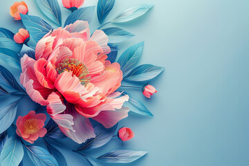 blue background, with a colorful vector peony flower right in the corner.generative ai